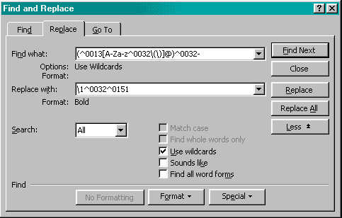 Dialog Find and Replace